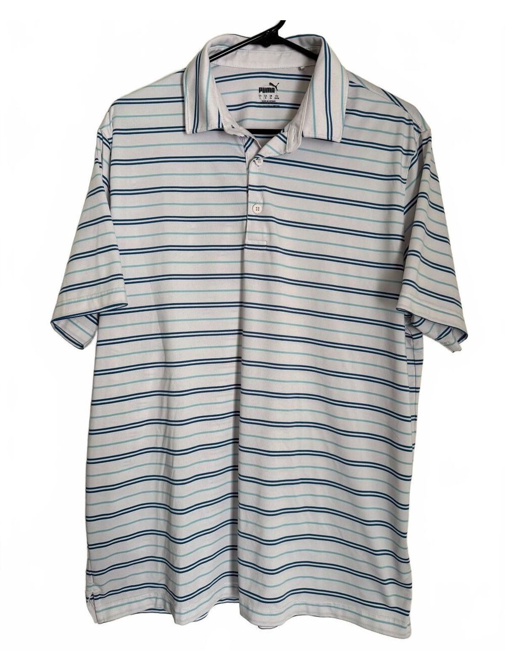 Puma Men's Polo Shirt Size Large Stripes White Blue Athleisure Golf Activewear